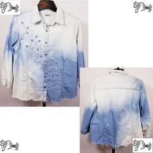 L Denim Button Shirt Bleached Long Sleeve Embroide